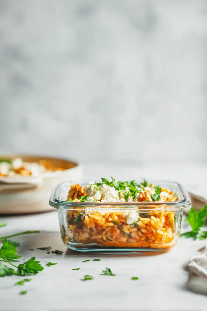 Greek Chicken Orzo Bake 4 Greek Chicken Orzo Bake leftovers stored in a glass container with herbs and feta visible on top.