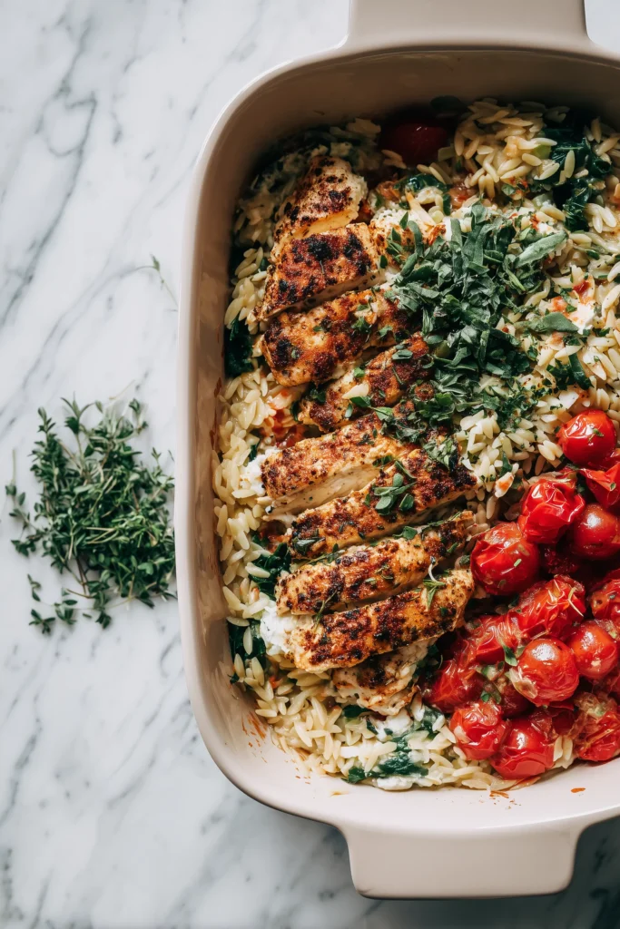 Greek Chicken Orzo Bake 3 Greek Chicken Orzo Bake in a casserole dish with orzo, tomatoes, spinach, feta, and seasoned chicken ready to be baked.