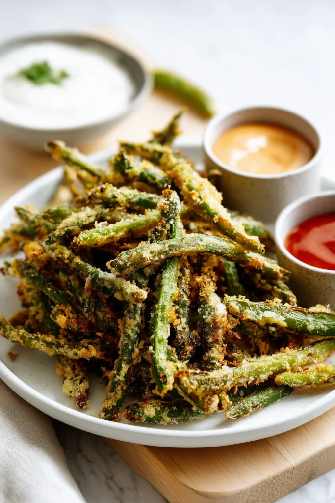 Air Fryer Green Bean Fries 4 A large white platter of air fryer green bean fries with assorted dipping sauces on a pale wood background, inviting and colorful.