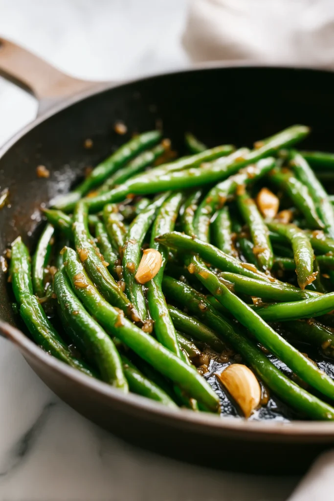 Honey Garlic Green Beans 3 Green beans in skillet simmering in honey garlic sauce for Honey Garlic Green Beans recipe.