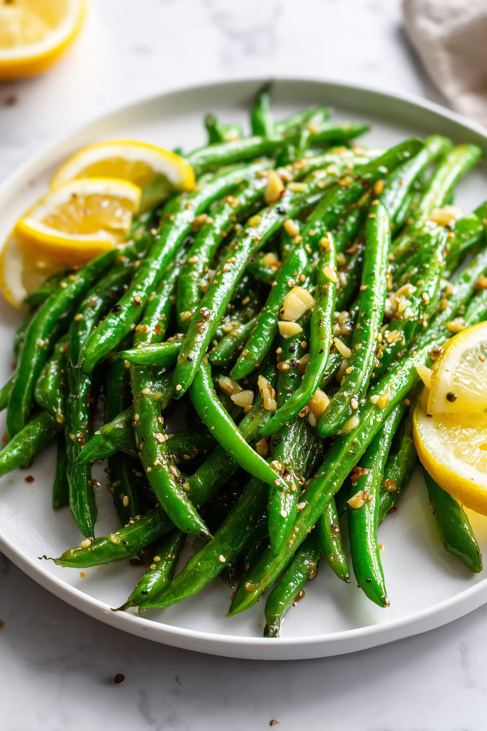 Close-up of Honey Garlic Green Beans coated in honey garlic sauce, arranged on a white plate with golden garlic bits.