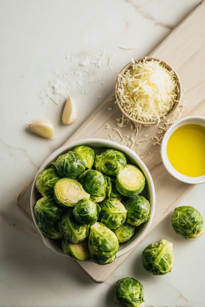 Sheet Pan Parmesan Brussels Sprouts 3 Brussels sprouts, parmesan, olive oil, and garlic neatly arranged for sheet pan parmesan brussels sprouts.
