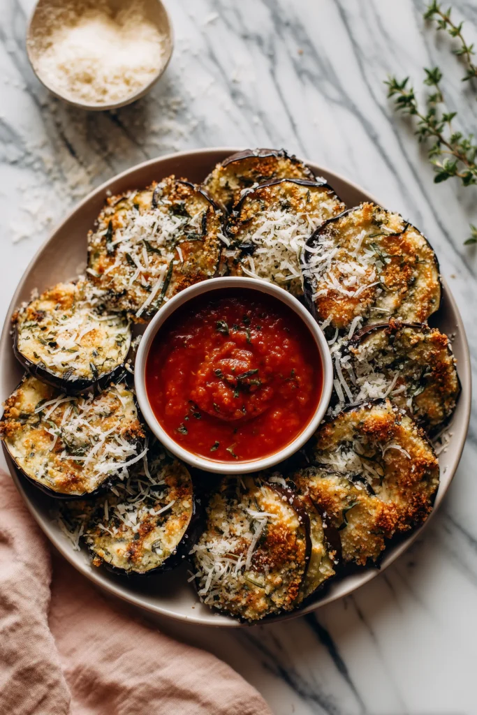 Overhead shot of eggplant slices, mozzarella, marinara, breadcrumbs, eggs, flour, and Parmesan cheese for Eggplant Parmigiana.