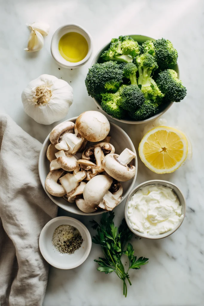 Overhead view of the ingredients for sauteed mushrooms with broccoli, including mushrooms, broccoli, garlic, herbs, and lemon.