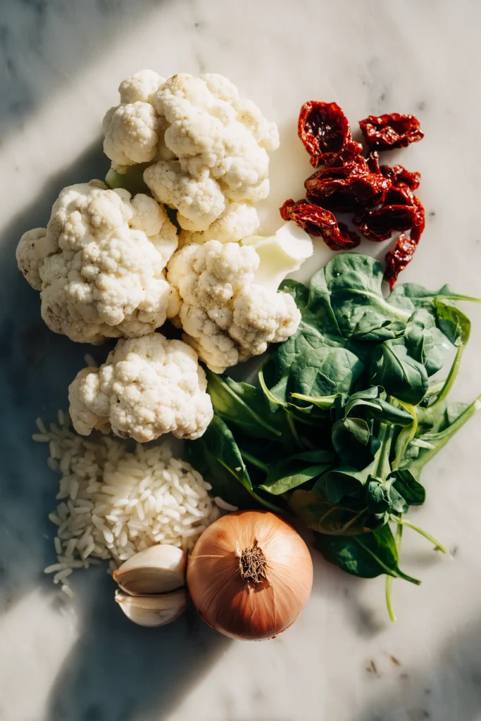 Marry Me Cauliflower 3 Overhead view of Marry Me Cauliflower ingredients including cauliflower, sun-dried tomatoes, cheese, and herbs.