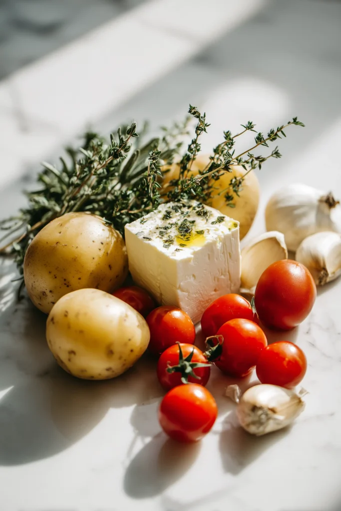 Overhead view of yukon gold potatoes, cherry tomatoes, feta, olive oil, garlic, and herbs for roasted mediterranean potatoes with feta and tomatoes.