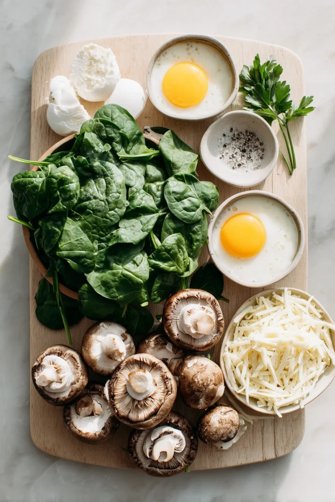 Mouthwatering Spinach and Mushroom Quiche Muffins 2 Ingredients for mouthwatering spinach and mushroom quiche muffins laid out on a light wood surface.