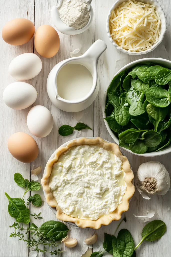 Ingredients for Spinach Ricotta Quiche neatly arranged on a light wooden surface.