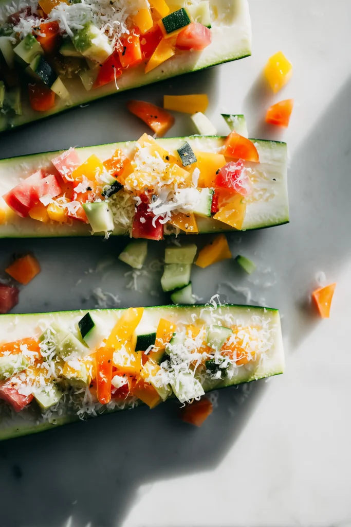 Zucchini Boats Recipe 2 All zucchini boats recipe ingredients including zucchini, cheese, tomatoes, and peppers on a marble surface.