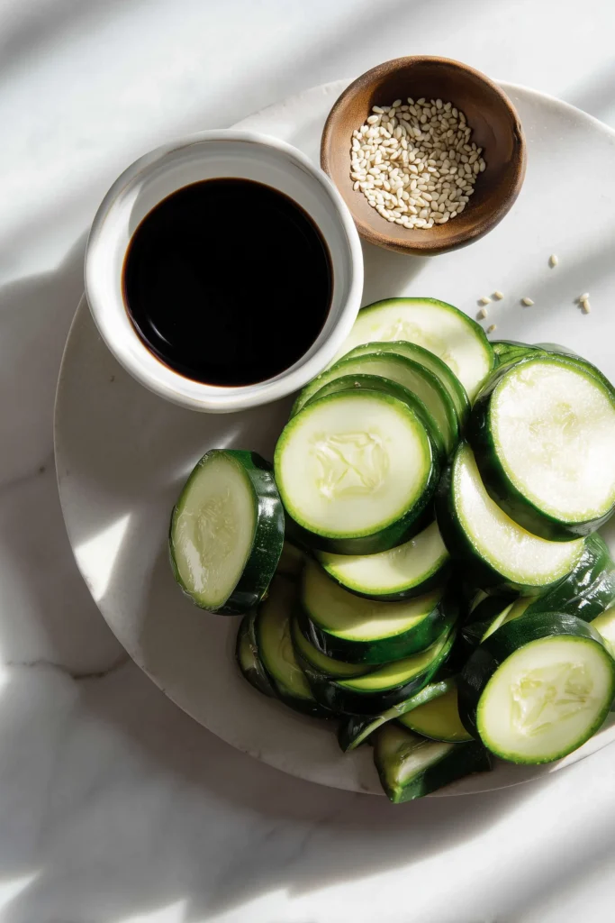 Japanese Zucchini & Onion Stir-Fry 2 Ingredients for Japanese Zucchini & Onion Stir-Fry, including sliced fresh zucchini, onions, soy sauce, sesame seeds, and oil laid out on a marble surface.