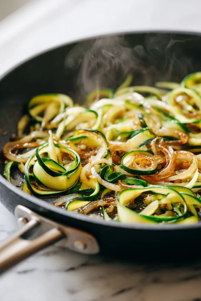 Japanese Zucchini & Onion Stir-Fry 3 Zucchini and onions for Japanese Zucchini & Onion Stir-Fry caramelizing in a skillet.