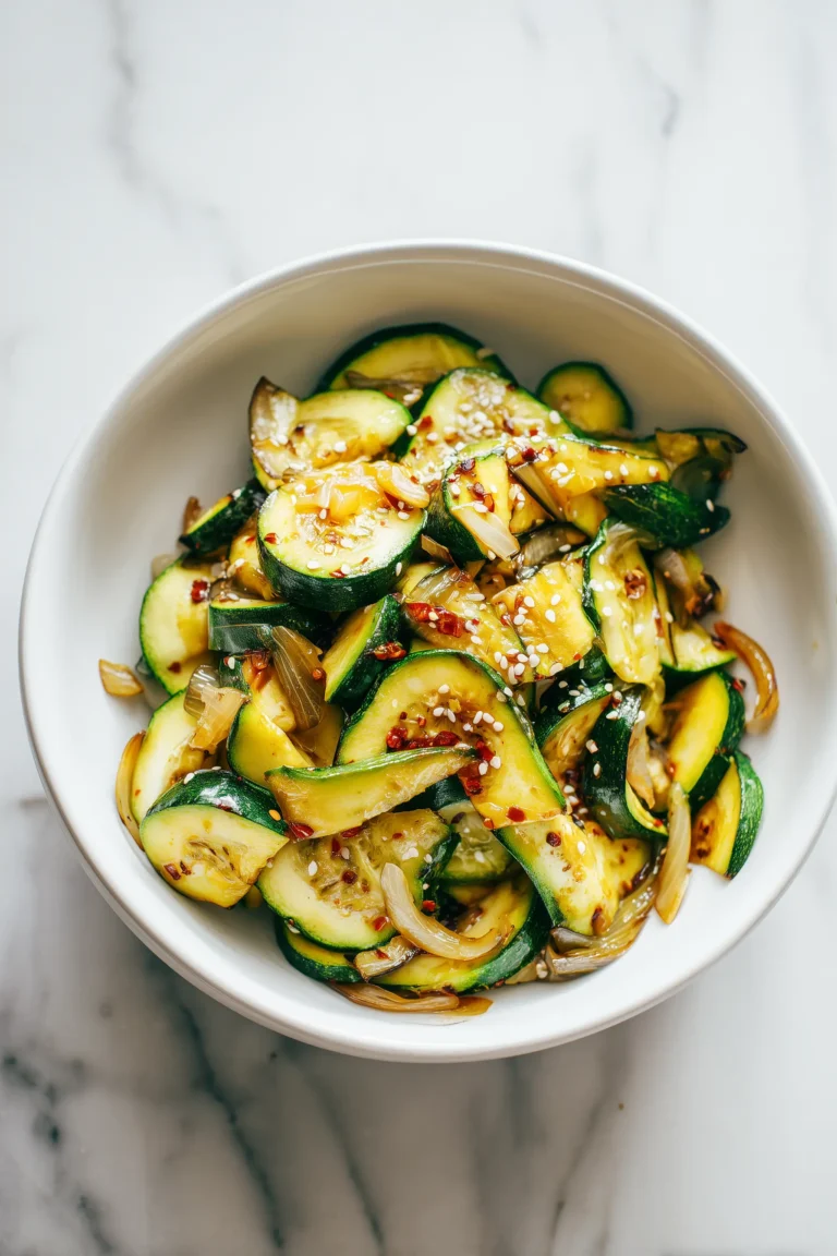 A bowl of Japanese Zucchini & Onion Stir-Fry with golden zucchini and sweet onions, glistening with soy sauce glaze and sesame seeds.