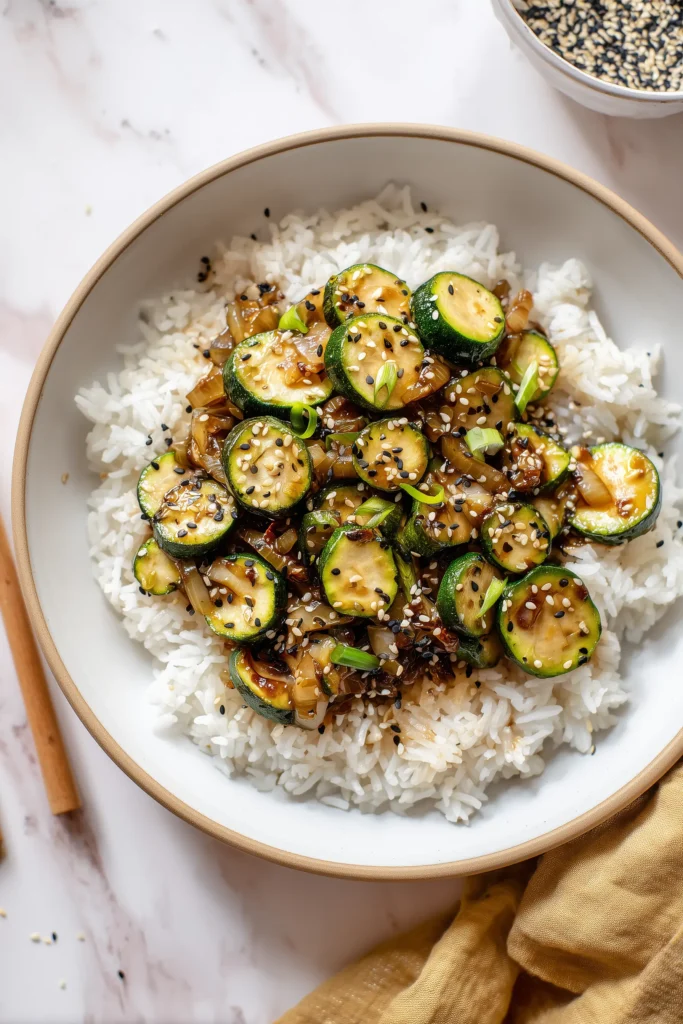 Japanese Zucchini & Onion Stir-Fry 4 Japanese Zucchini & Onion Stir-Fry plated with rice and sesame seeds, ready to eat.