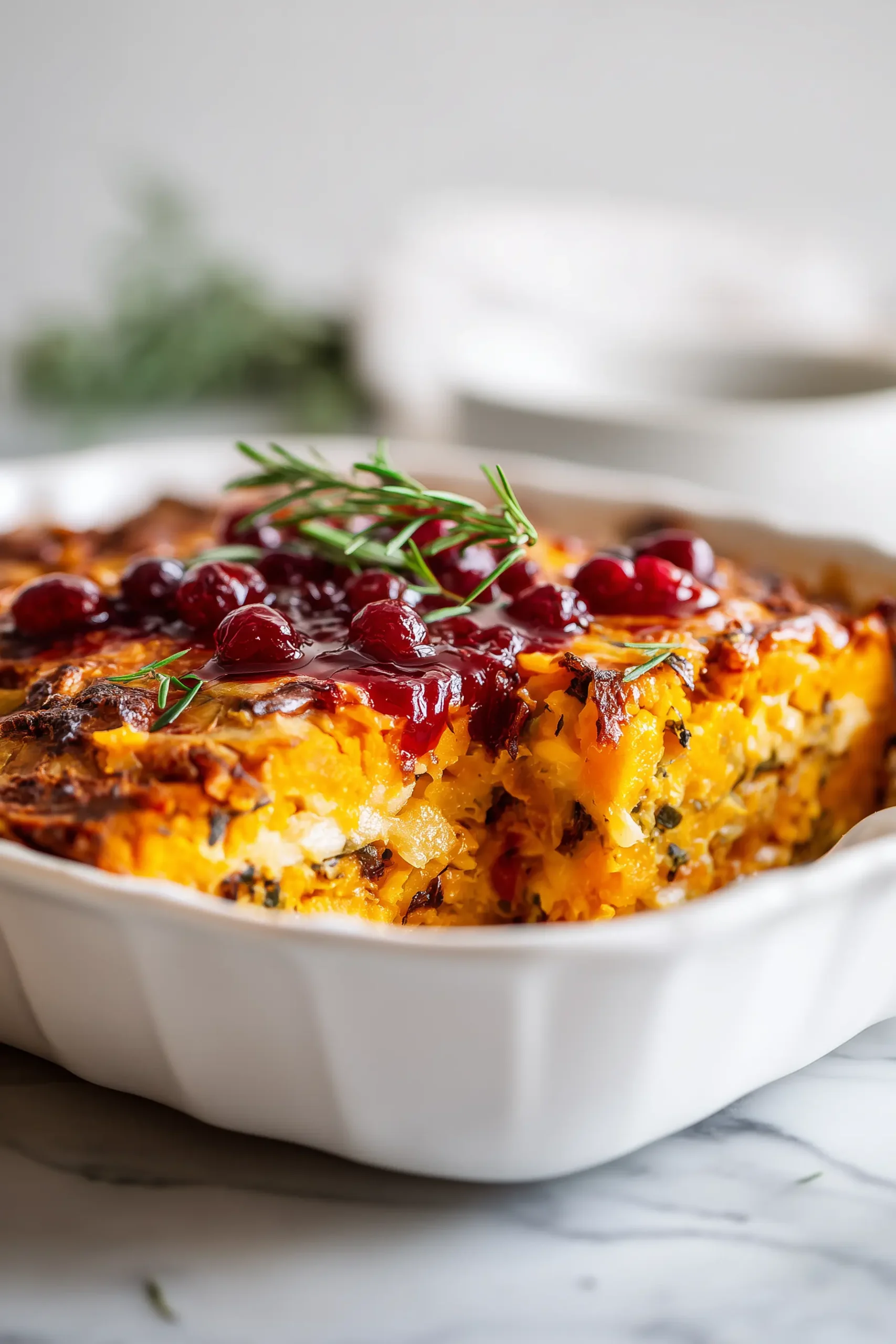 Featured image of Layered Sweet Potato, Butternut Squash Lasagna Delight! with golden, cheesy layers, sweet potatoes, butternut squash, and cranberry glaze in a bright kitchen setting.