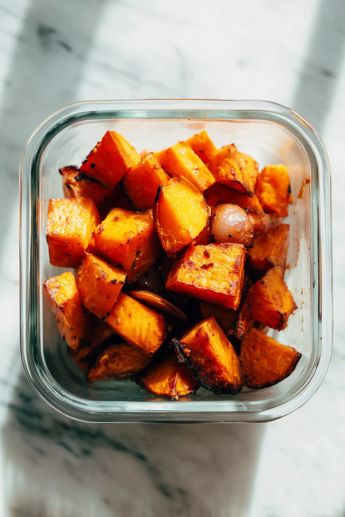 Cowboy Butter Roasted Vegetables 4 Cowboy Butter Roasted Vegetables stored in a glass container, showing caramelized edges and color.