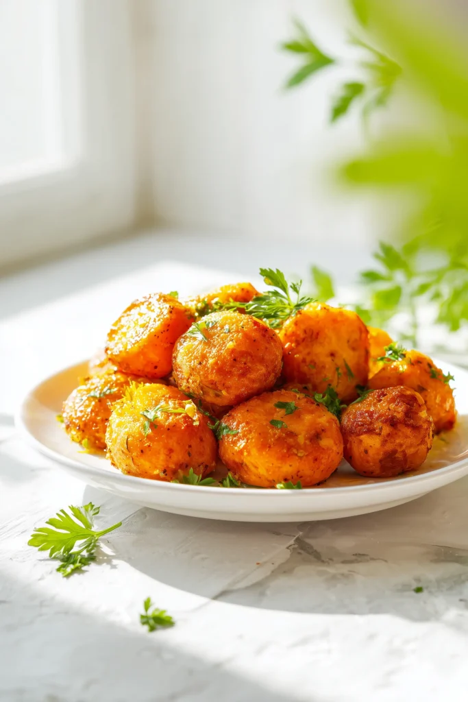 Lemon Garlic Roasted Sweet Potato Balls 1 A white platter featuring lemon garlic roasted sweet potato balls, crisp and golden with flecks of parsley and lemon zest.