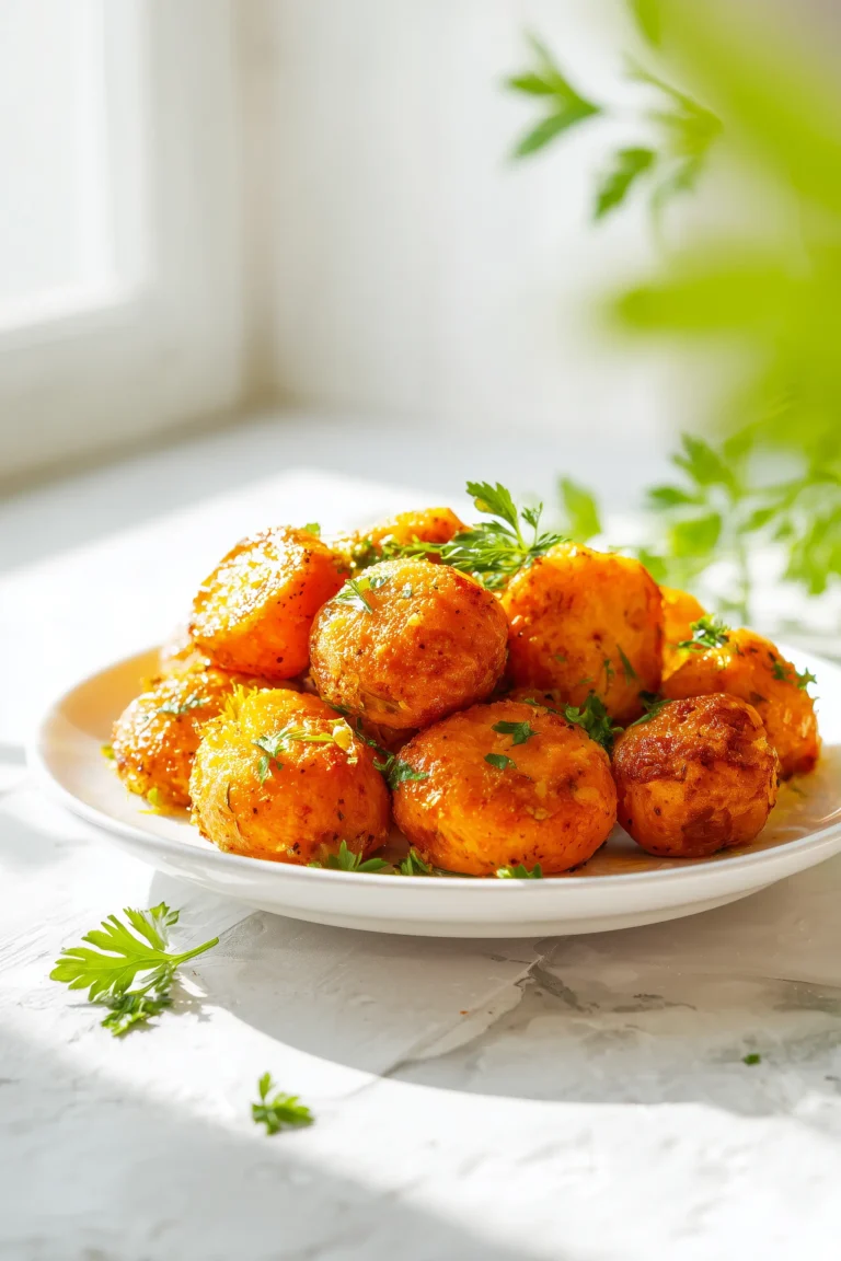 A white platter featuring lemon garlic roasted sweet potato balls, crisp and golden with flecks of parsley and lemon zest.