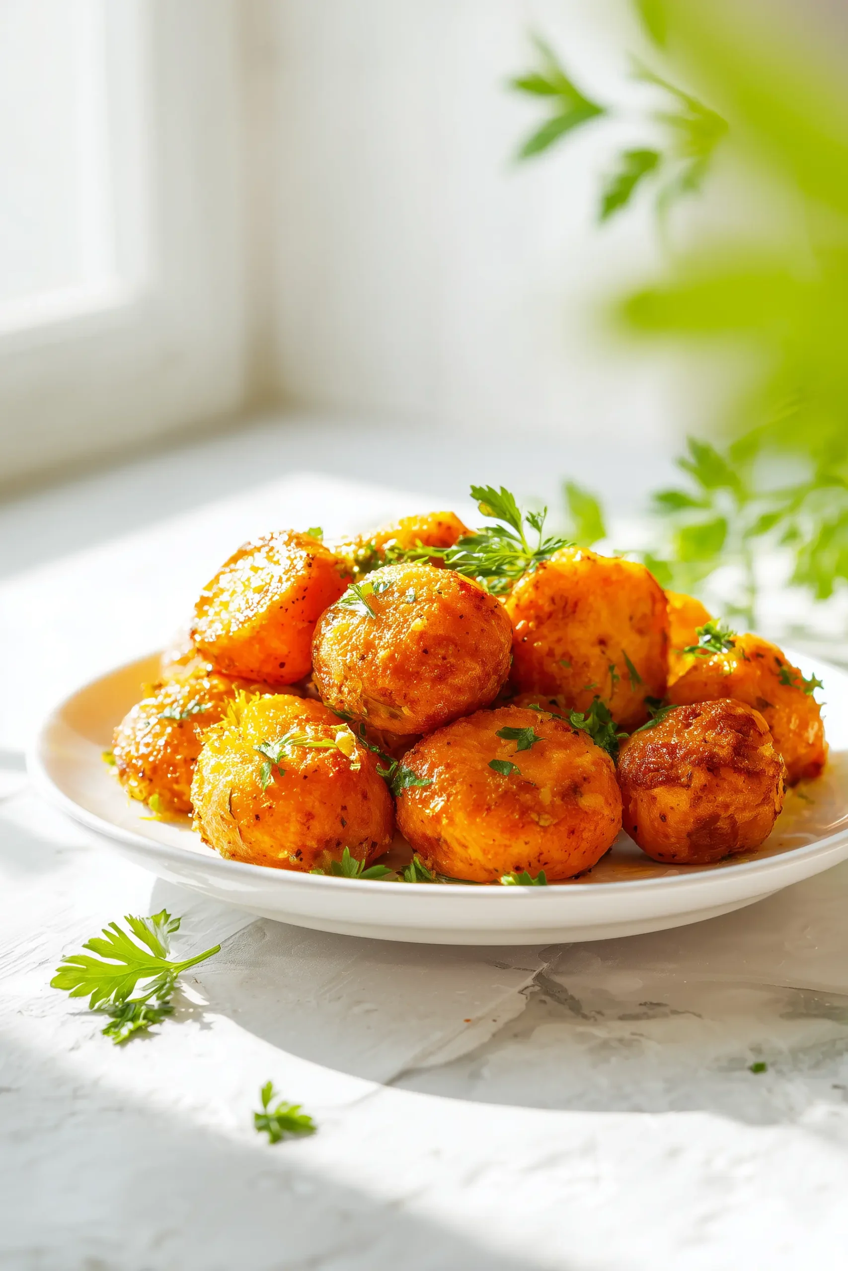 Lemon Garlic Roasted Sweet Potato Balls 5 A white platter featuring lemon garlic roasted sweet potato balls, crisp and golden with flecks of parsley and lemon zest.