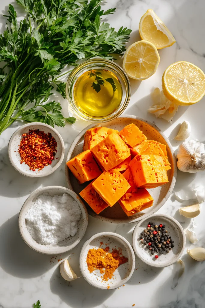 Lemon Garlic Roasted Sweet Potato Balls 2 Overhead view of fresh ingredients for lemon garlic roasted sweet potato balls on a white marble background.