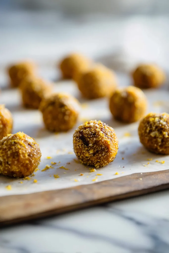 Lemon Garlic Roasted Sweet Potato Balls 3 Sweet potato balls roasting on parchment in the oven, with golden edges and lemon zest.