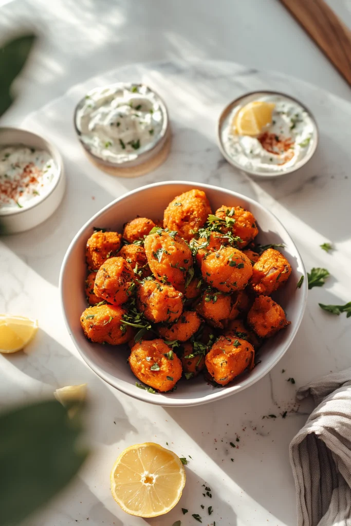 Lemon Garlic Roasted Sweet Potato Balls 4 Bowl of lemon garlic roasted sweet potato balls with whipped feta dip and parsley garnishes.