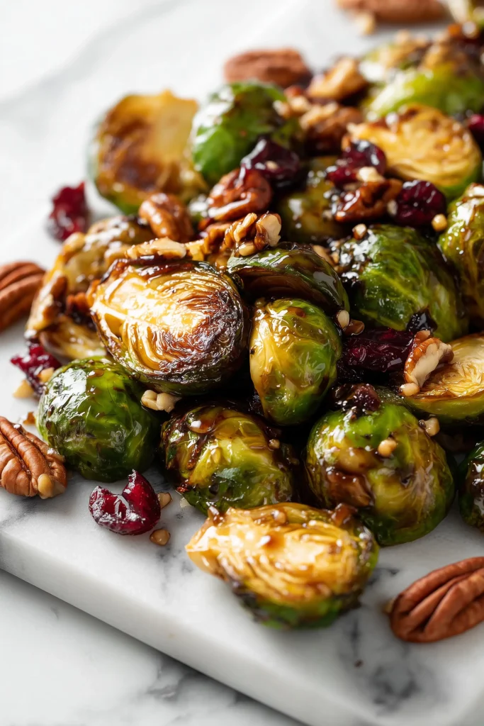 A platter of Maple Balsamic Roasted Brussels Sprouts with caramelized glaze, pecans, and cranberries on a bright marble background.