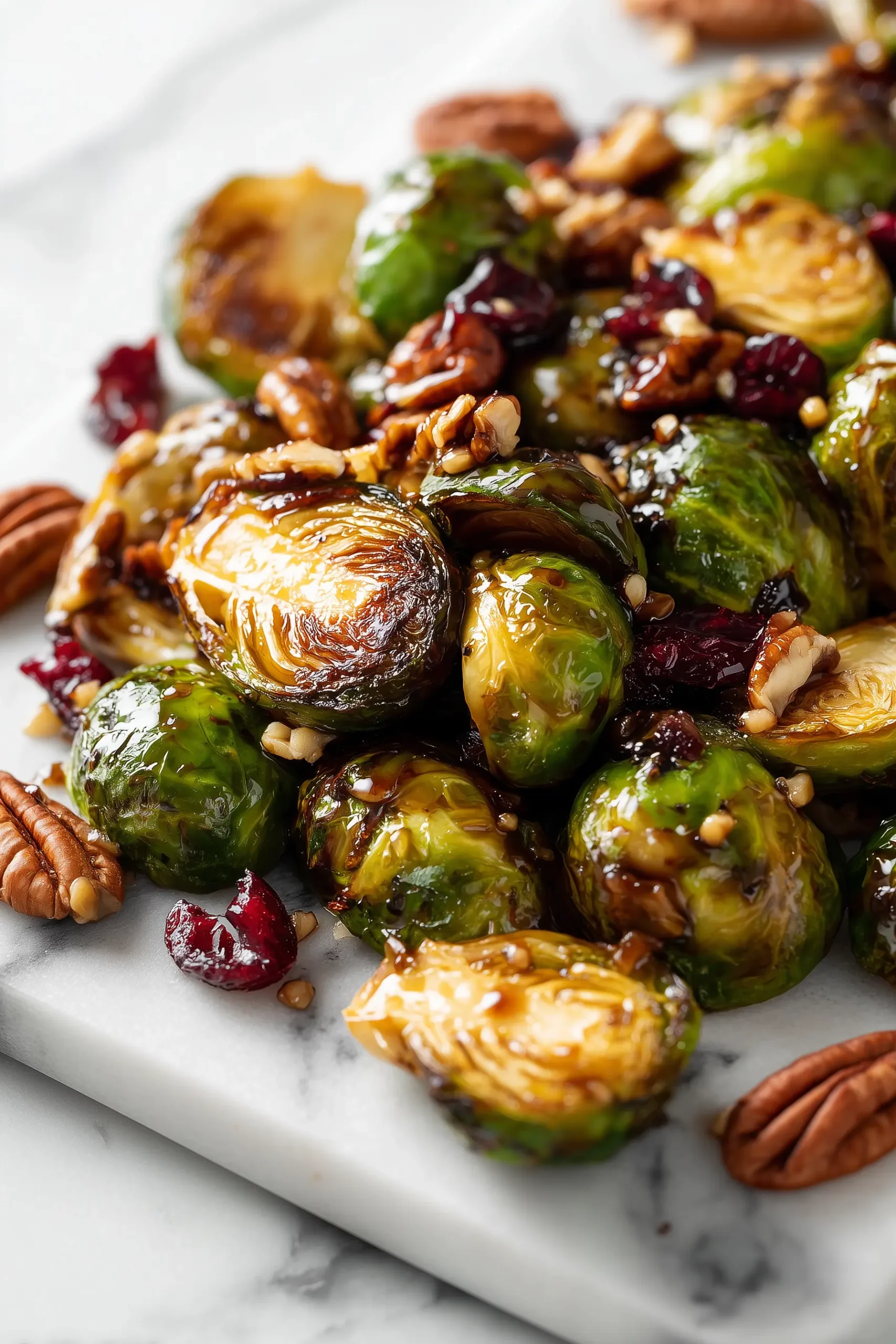 A platter of Maple Balsamic Roasted Brussels Sprouts with caramelized glaze, pecans, and cranberries on a bright marble background.