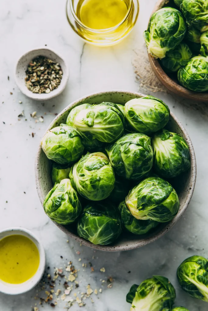 Ingredients for Maple Balsamic Roasted Brussels Sprouts laid out on a bright marble counter.