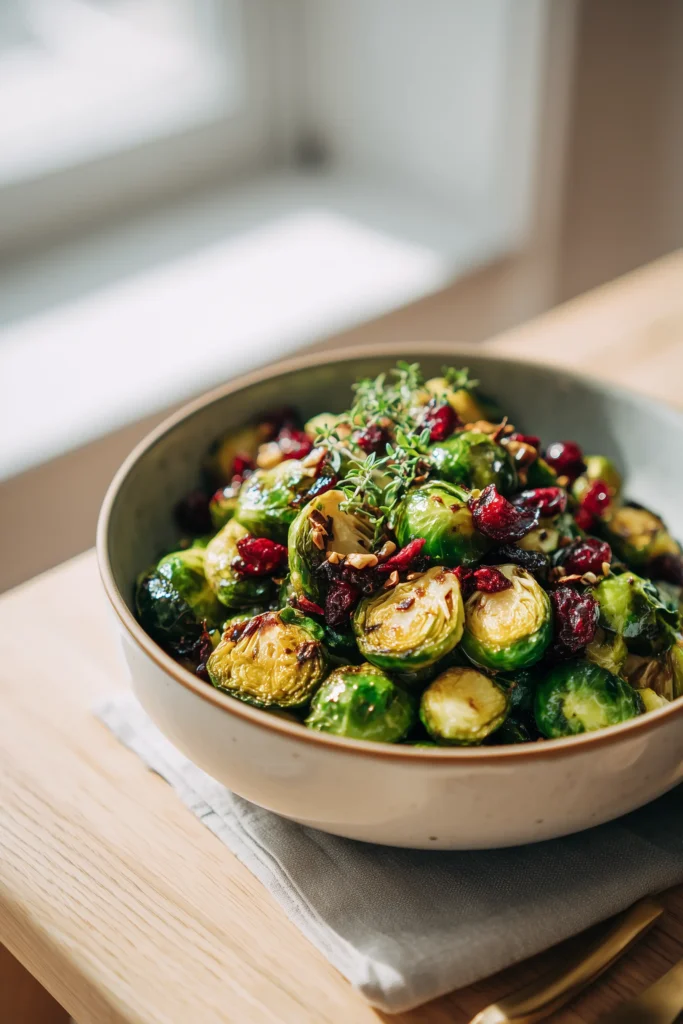 A bowl of Maple Balsamic Roasted Brussels Sprouts garnished with pecans and cranberries on a light wood table.