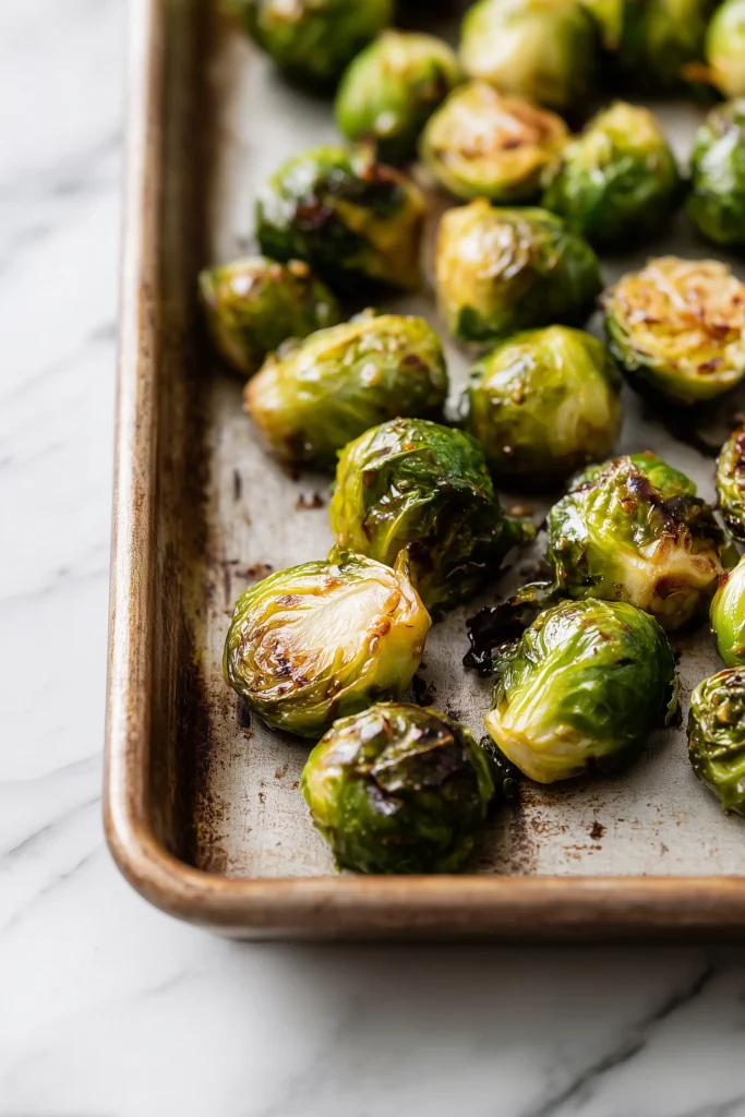 Sheet pan of Maple Balsamic Roasted Brussels Sprouts with caramelized, crispy edges.
