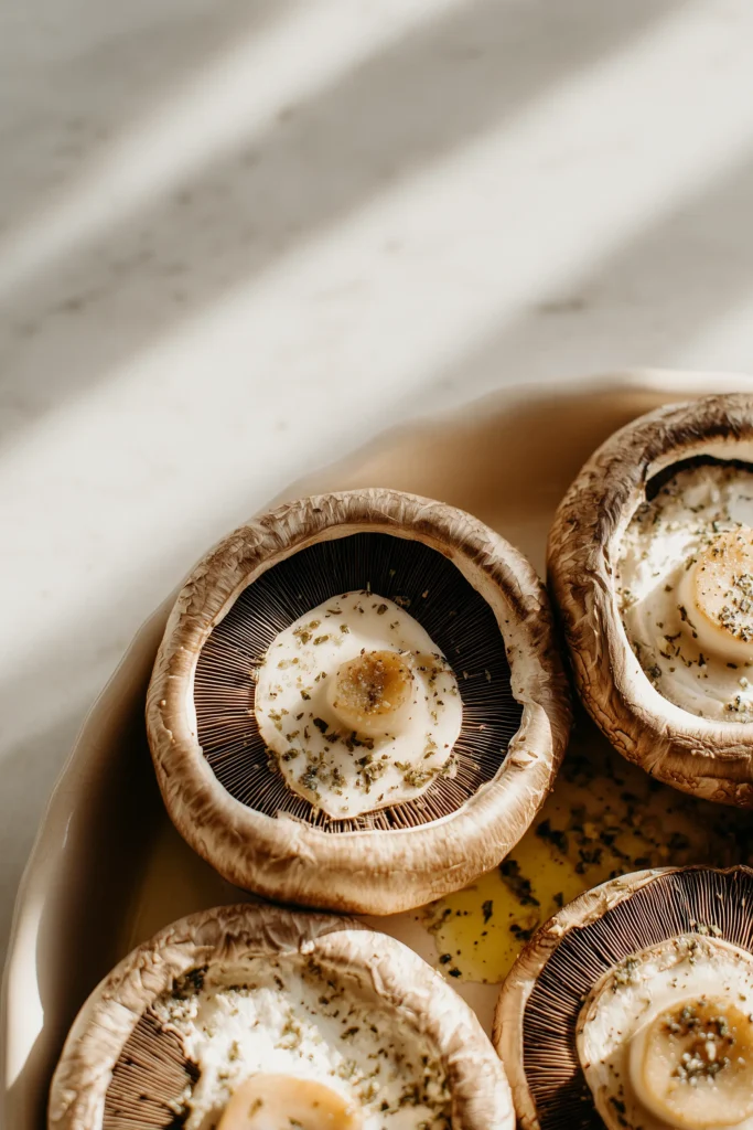 Golden-Crispy Portabella Mushroom Recipe (Easy, Comfort-Food Style) 3 Portabella mushrooms in a dish with oil and herb mixture, a key prep for the portabella mushroom recipe.