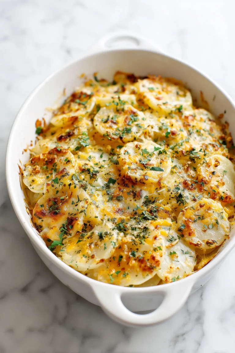 A casserole dish of One-Dish Tennessee Onions with melted cheese and fresh herbs on a pale background.