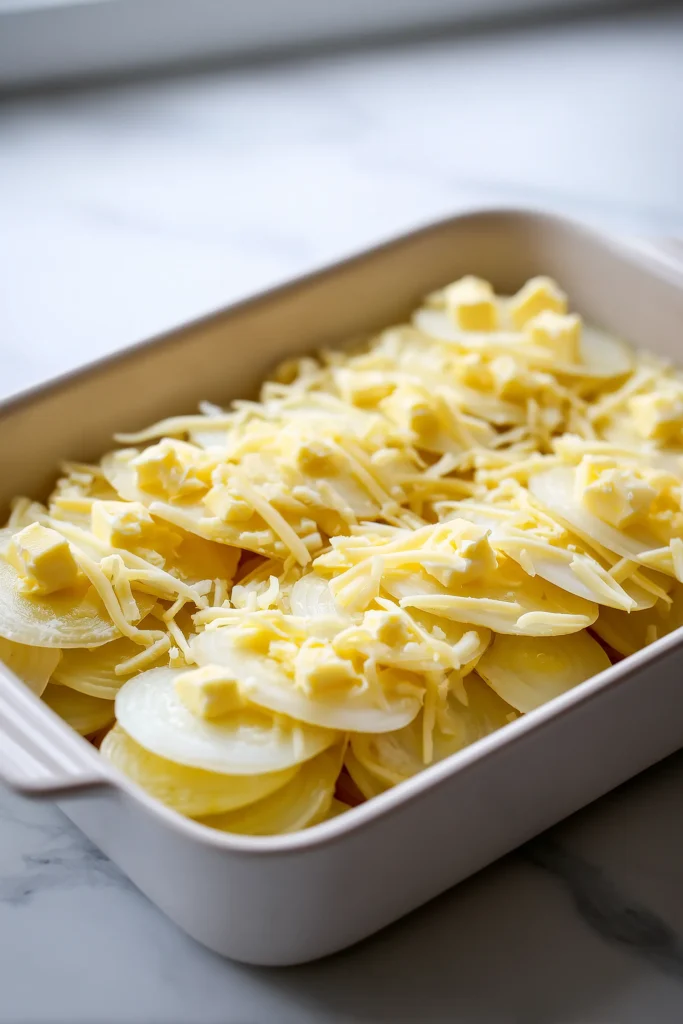 Unbaked One-Dish Tennessee Onions showing layered onions, shredded cheese, and butter in a casserole dish.