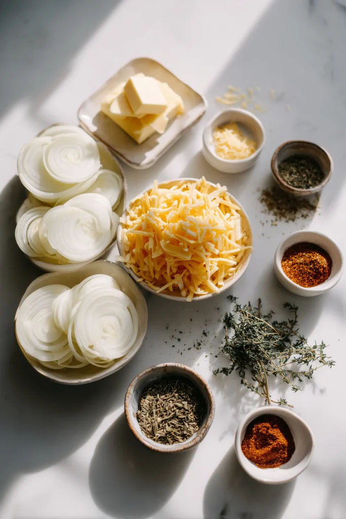 Ingredients for One-Dish Tennessee Onions including onion slices, cheeses, butter, and spices arranged on a marble surface.