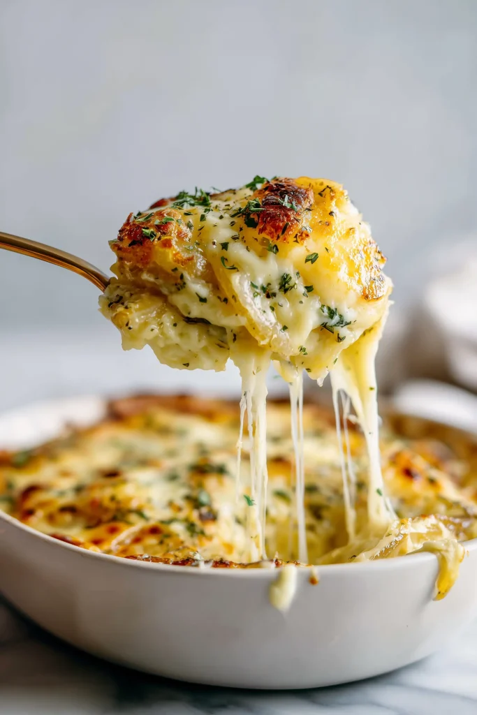 A portion of One-Dish Tennessee Onions with gooey cheese and tender onions being served from the dish.