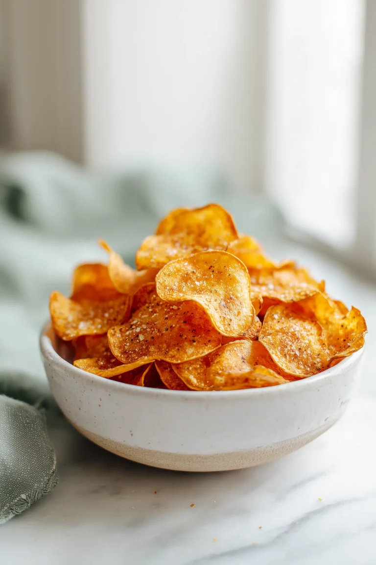 A bowl of Oven Baked Radish Chips, golden and crisp, displayed on white marble with a bright background.