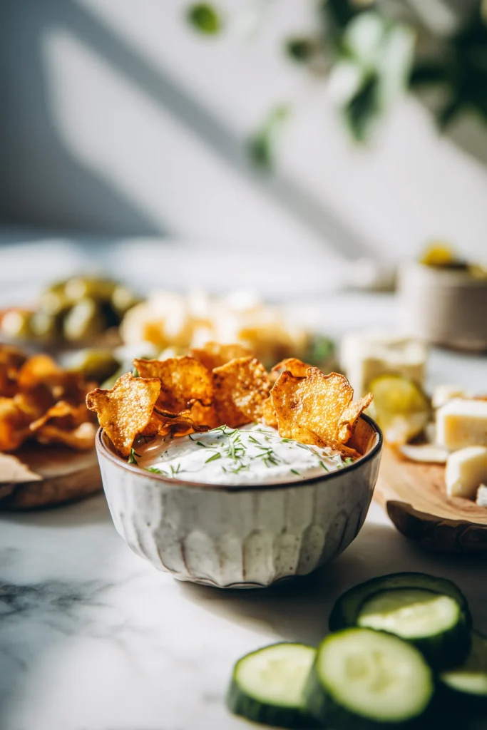 Bowl of golden Oven Baked Radish Chips with dip and veggies, perfect for snacking or gatherings.