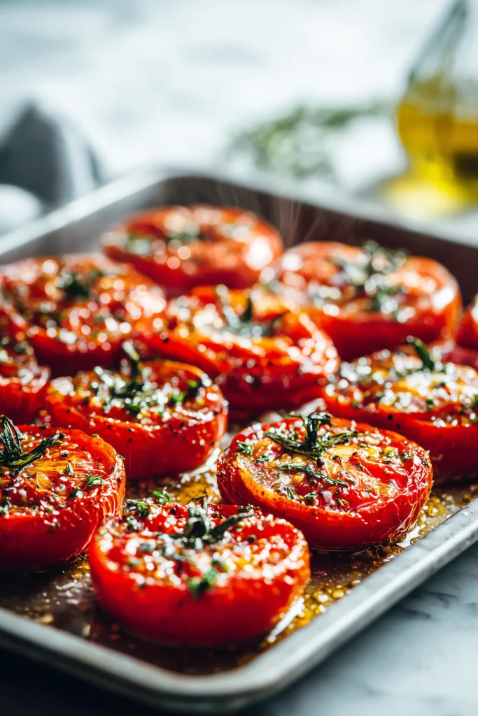 A baking tray of oven roasted campari tomatoes with caramelized edges, herbs, and olive oil.