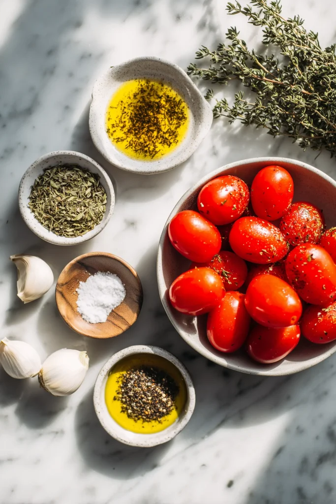 Oven Roasted Campari Tomatoes 2 Campari tomatoes, olive oil, dried herbs, garlic, and seasonings arranged for oven roasted campari tomatoes.