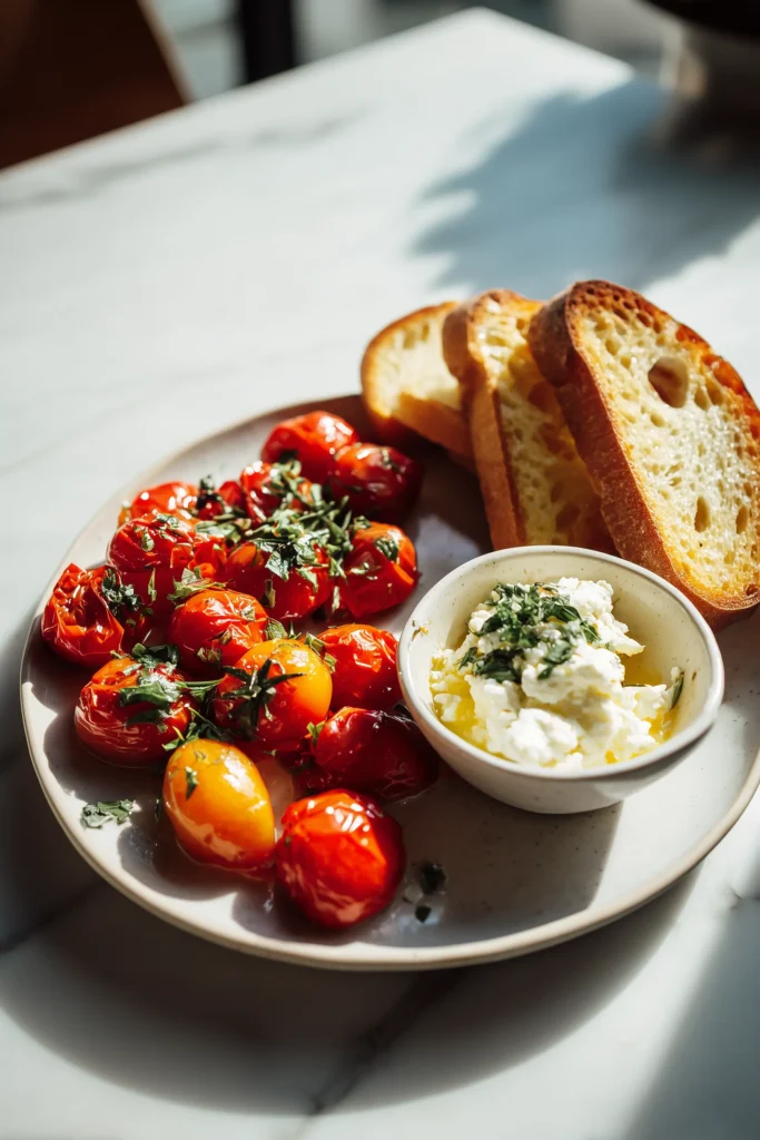 Oven Roasted Campari Tomatoes 3 Oven roasted campari tomatoes served with creamy cheese, crostini, and fresh herbs on a bright plate.