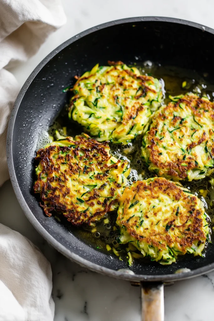 Cottage Cheese Zucchini Fritters 3 Close-up of Cottage Cheese Zucchini Fritters frying in a skillet with crisp golden edges and flecks of zucchini.