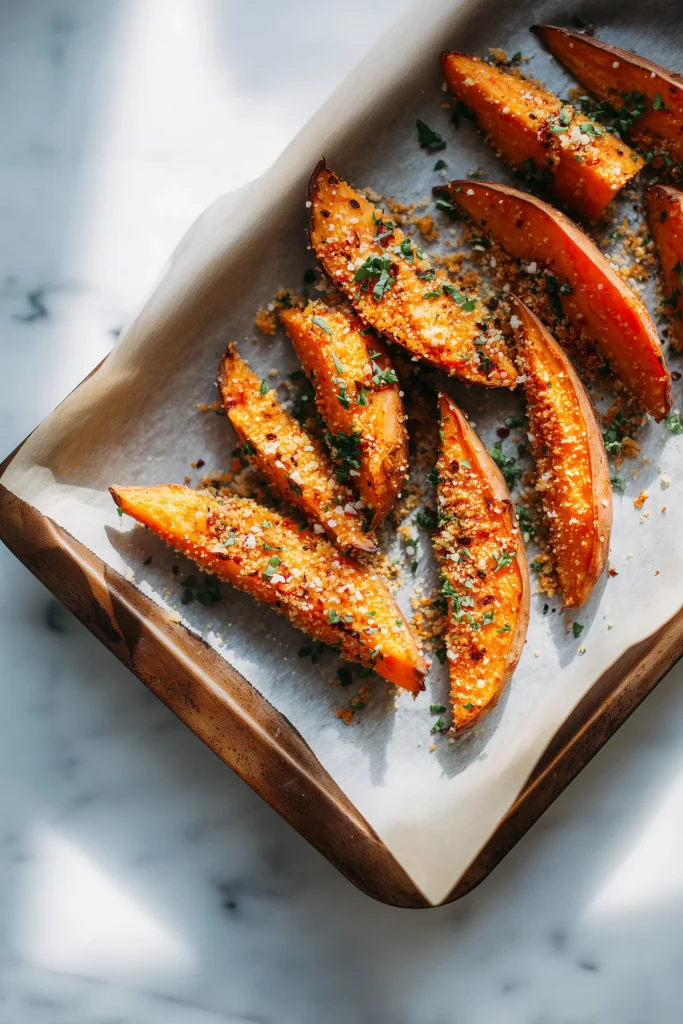 Cheese-coated Garlic Parmesan Sweet Potato Wedges spaced on a parchment-lined tray before baking.