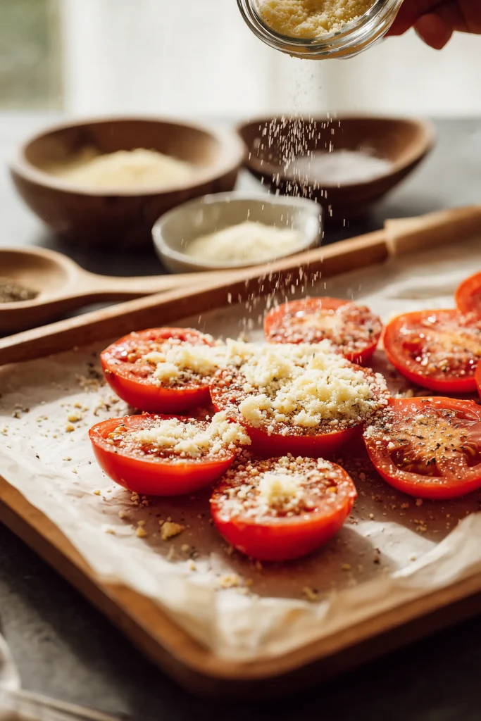 Baked Parmesan Tomatoes 2 Tomato slices on a baking sheet being topped with grated Parmesan before baking.