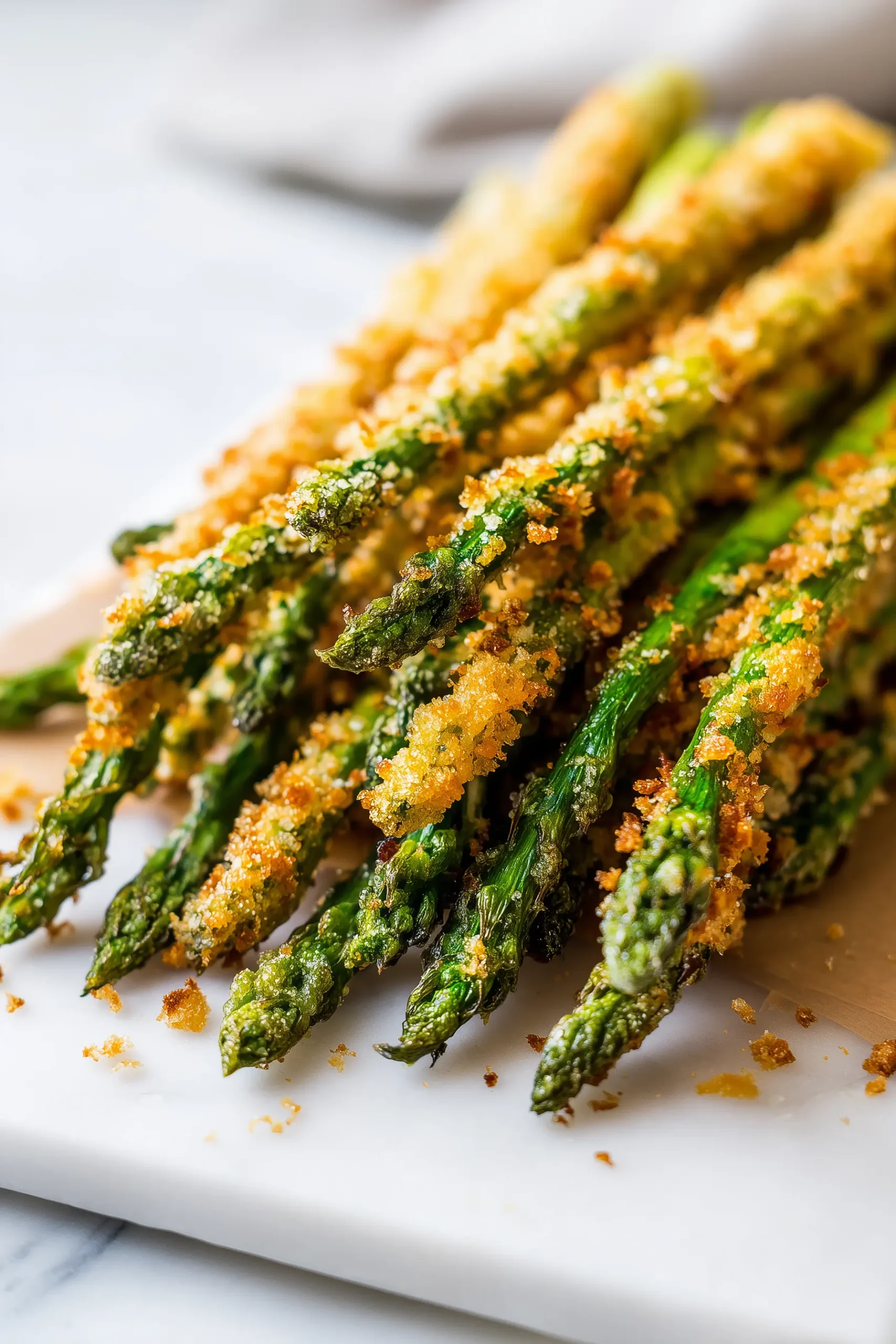 Crispy Perfect Breaded Asparagus spears with golden breading arranged on a white platter.