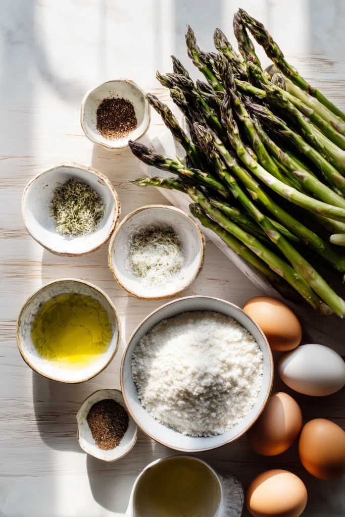 Ingredients for Perfect Breaded Asparagus including asparagus, panko, eggs, flour, and seasonings arranged on a pale wood surface.