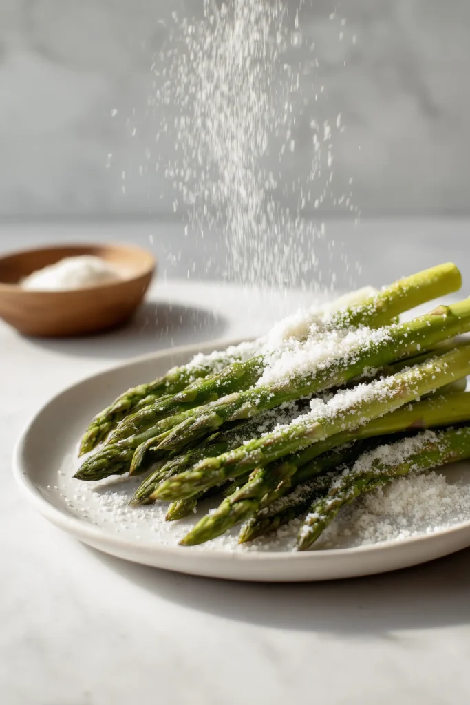 Process of breading asparagus with panko on a white plate for Perfect Breaded Asparagus.