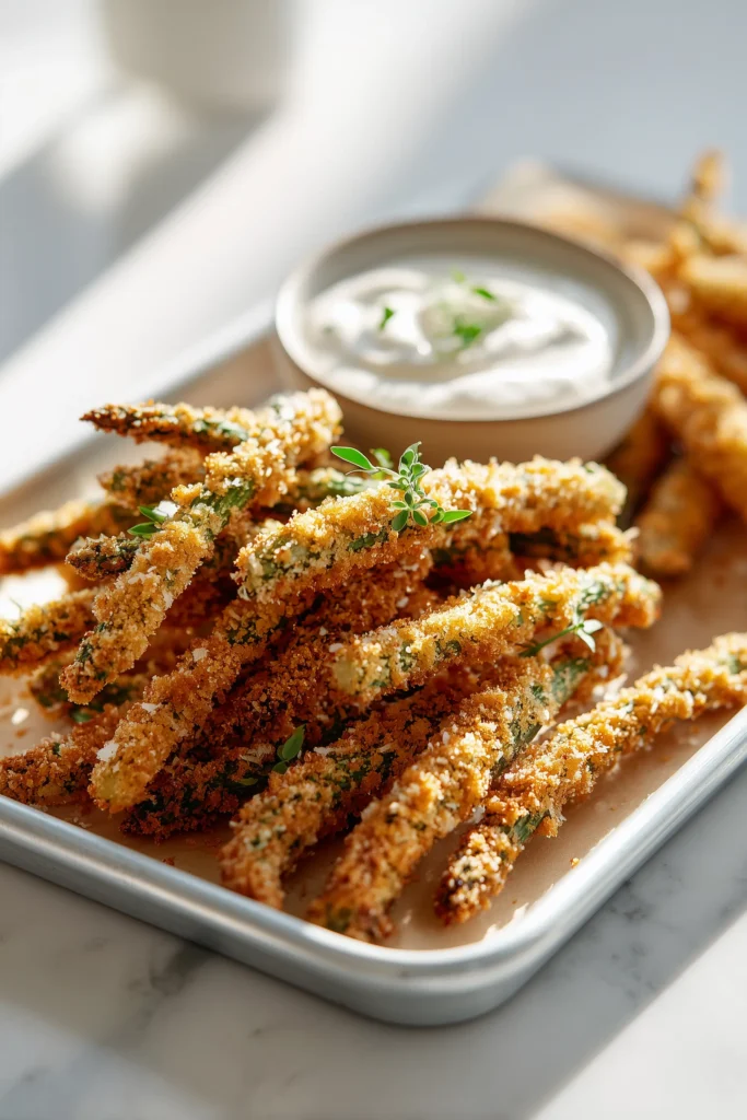 Golden Perfect Breaded Asparagus spears served with ranch and aioli dips on a light tray.