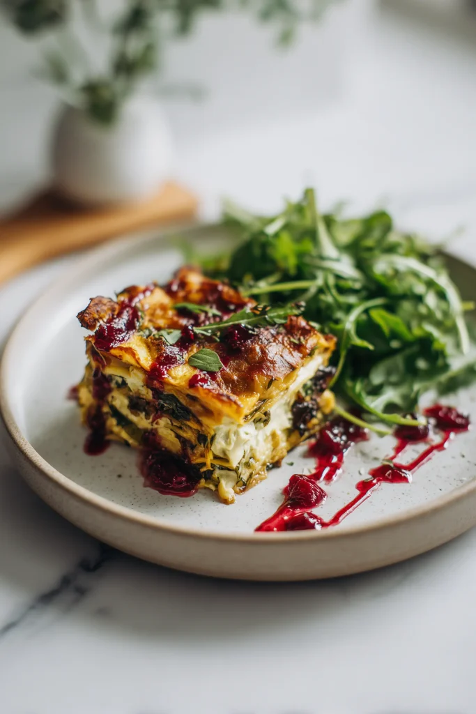 Layered Sweet Potato, Butternut Squash Lasagna Delight! 4 Bright plate with Layered Sweet Potato, Butternut Squash Lasagna Delight! and fresh greens, showing creamy, golden, and cranberry-topped layers.
