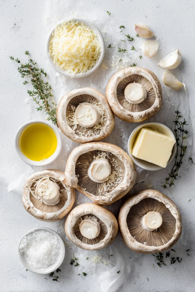 Golden-Crispy Portabella Mushroom Recipe (Easy, Comfort-Food Style) 2 Fresh mushrooms, oil, cheese, and herbs for the portabella mushroom recipe.
