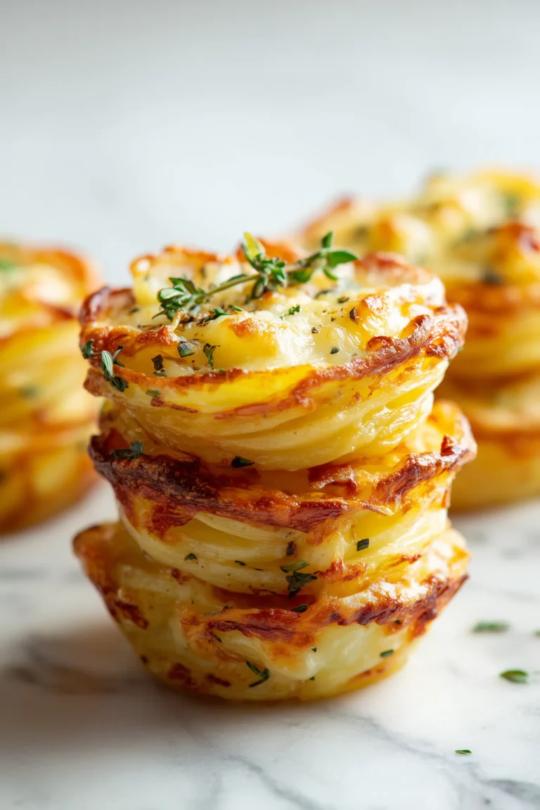 Overhead view of Potato and Carrot Stacks, each with crisp, golden edges and melty cheese, baked in a muffin tin.